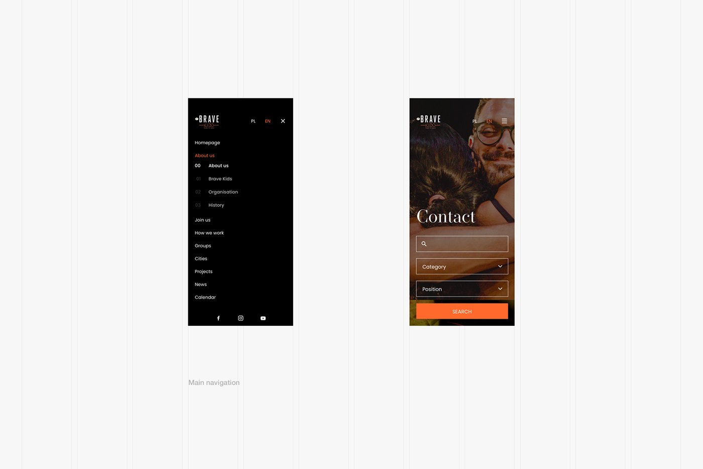 brave kids navigation and contact mobile view