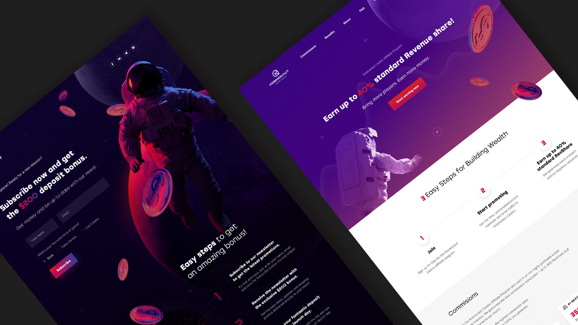 Kosmonaut Online Casino newsletter and affiliate landing pages