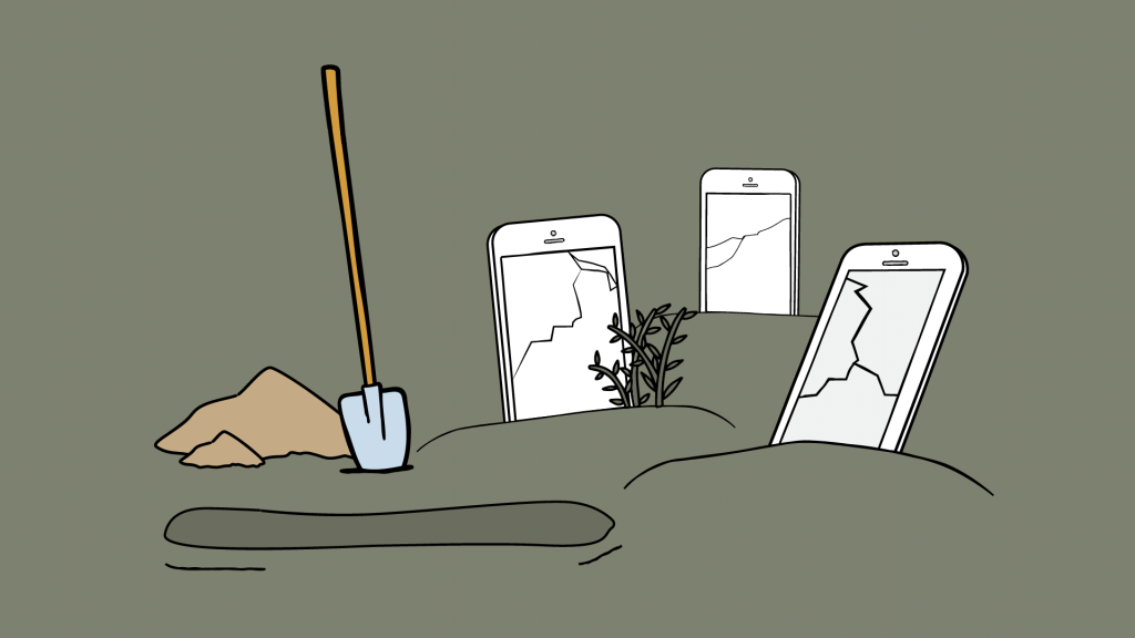 phone cemetery, broken phones in place of tombstones